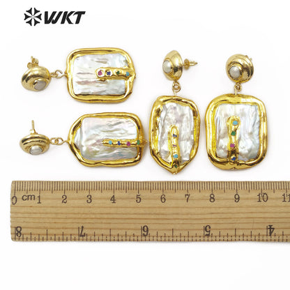 WT-E574 WKT New Arrival Natural Pearl Earring With Color Beads Rectangle Shape Gold Plated Pearl Earrings Women Fashion Jewelry