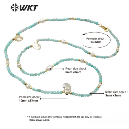 WT-N1181 Classic Fashion Pearl With 3mm Amazonite Faceted Beads Necklace Women High Quality Natural Amazonite Beads Necklace