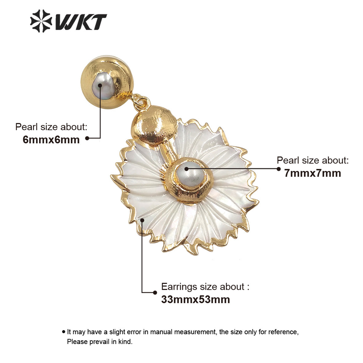 WT-E590 Wholesale Lady Elegant White Shell Flower Earring Gold Color Natural White Flower Shell Earring With Pearl Charm