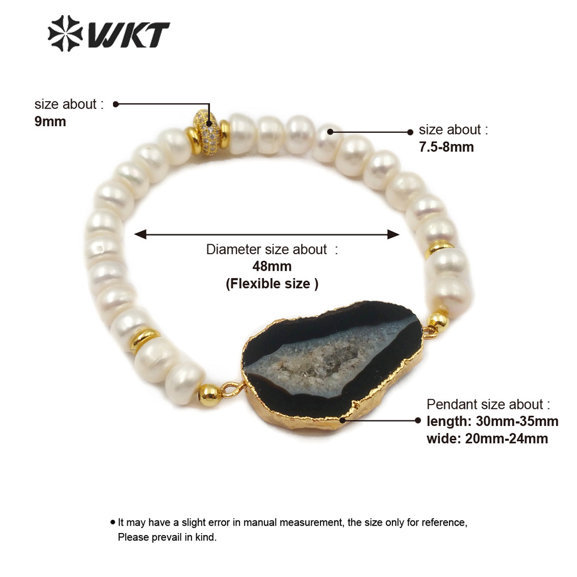 WT-B492 Wholesale Natural Gemstone Slices and Pearl Gold Electroplated Bracelet Women Fashion Charm Bracelet Jewelry