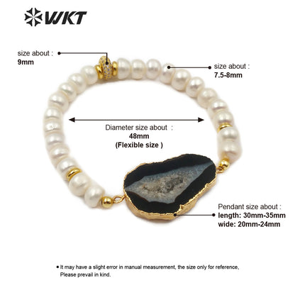 WT-B492 Wholesale Natural Gemstone Slices and Pearl Gold Electroplated Bracelet Women Fashion Charm Bracelet Jewelry