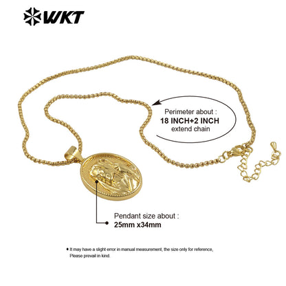 WT-JFN35 New Sales Yellow Brass Oval Shape Religion Pendant Necklace Multi Patterns Gold Plated Chain Women Daily Wearing