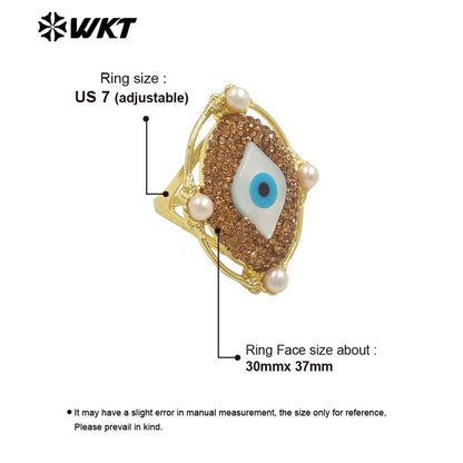 WT-MPR116 New Design Vintage Eye 18K Gold Plated Round Pearl Rhinestone Ring Niche Cultural Jewelry for Both Men and Women