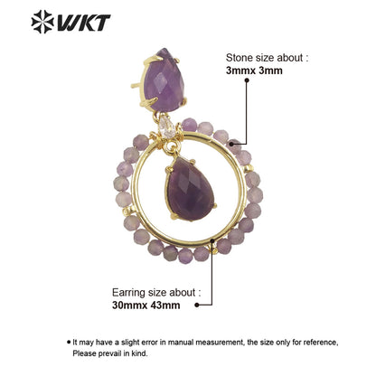 WT-E714 WKT Newest Summer Design Gorgeous Multi Natural Gemstone Big Hoop Earrings Gold Plated Lead Free Amazonite Stone Studs