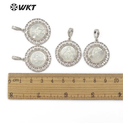 WT-MP116 Hot Sale Jewelry Fashion Accessories Virgin Mary Guadalupe Benedict Sliver Plated Round Shape Religious CZ Pave Pendant