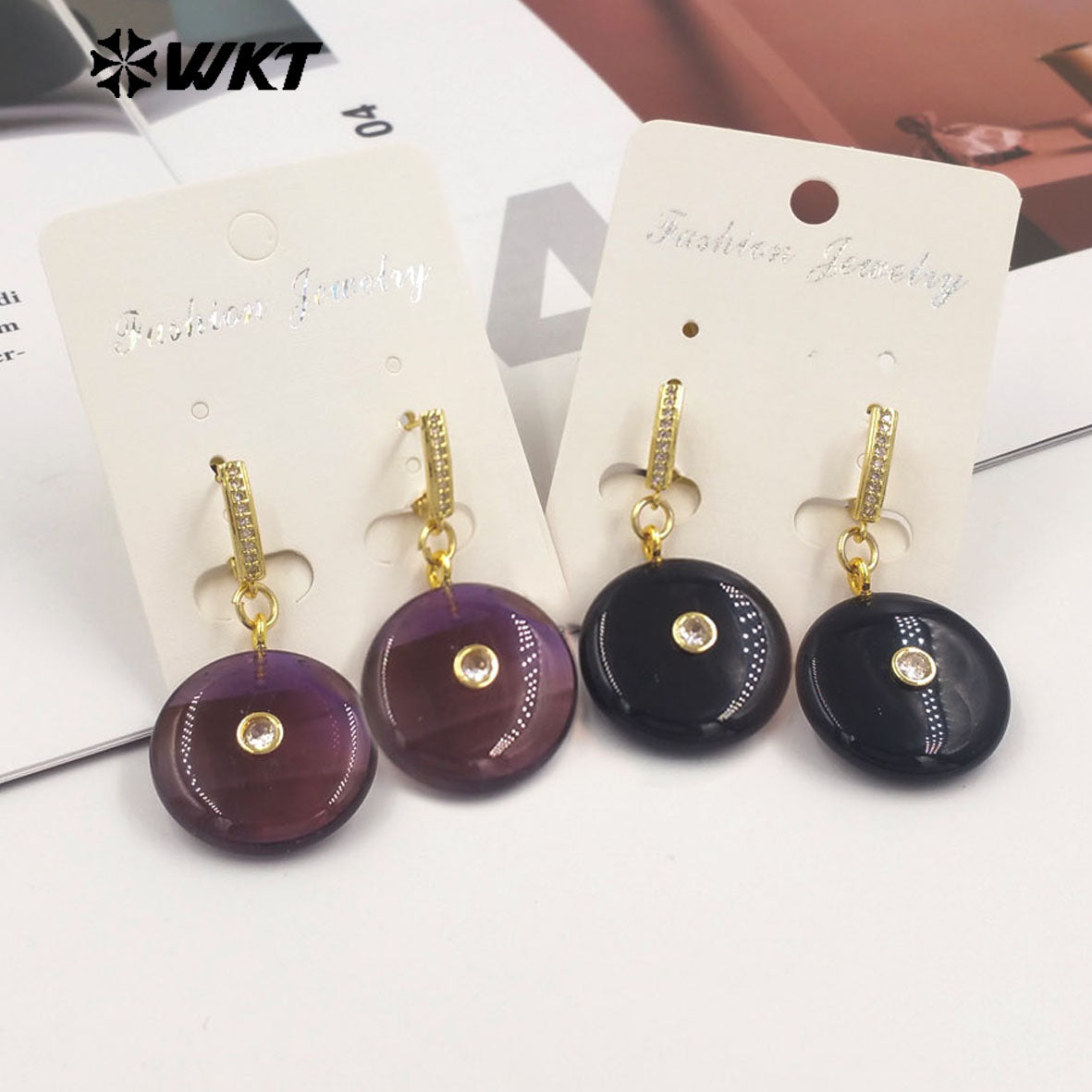 WT-E809 Fashionable Rose Quartz Various Natural Gemstones With Zircon Round Gold Earrings As Women Daily Elegant Jewelry