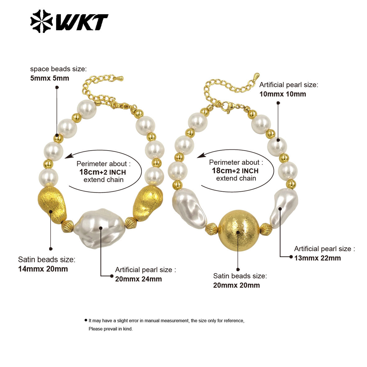 WT-MPB120 New Cute Style Large White Irregular Beads Gold Round Beads Artificial Pearl Bracelet for Girls As Daily Decoration