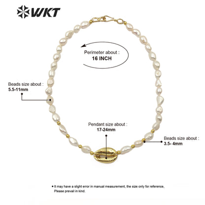 WT-JN089 Natural Cowrie & Pearl Necklace Full Gold or White Gold Cowrie Pendant Necklace in 16Inch Long Pearl Necklace Jewelry