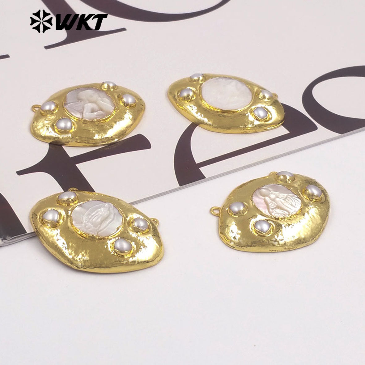 WT-PC022 High Quality Gold Plated Double Hoops Mother Of Pearl Religious Style Connector As Lady Handmade Jewelry Findings