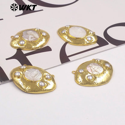 WT-PC022 High Quality Gold Plated Double Hoops Mother Of Pearl Religious Style Connector As Lady Handmade Jewelry Findings