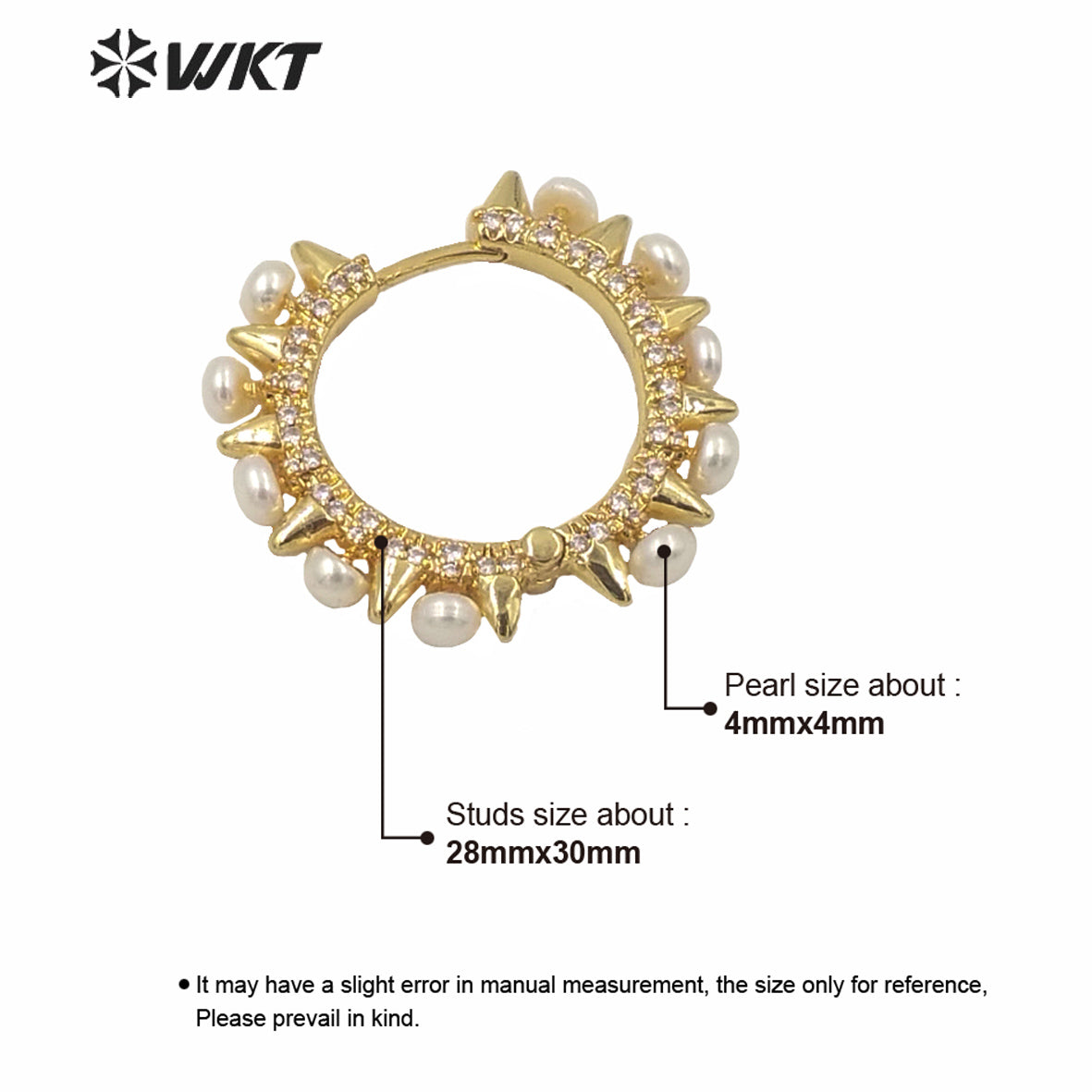 WT-ME076 WKT Unique Hot Gold Electroplated Freshwater Clasp Earrings Fashion Girl Trendy Punk Earrings with Rivet