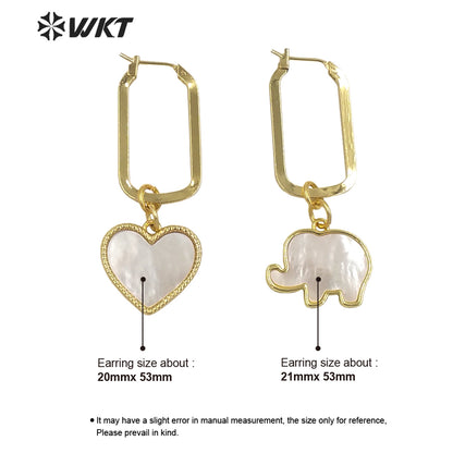 WT-MPE084 Newest Fashion White Mother of Pearl Lovely Elephant Earrings 18k Gold Plated Shell Heart Charm Earrings