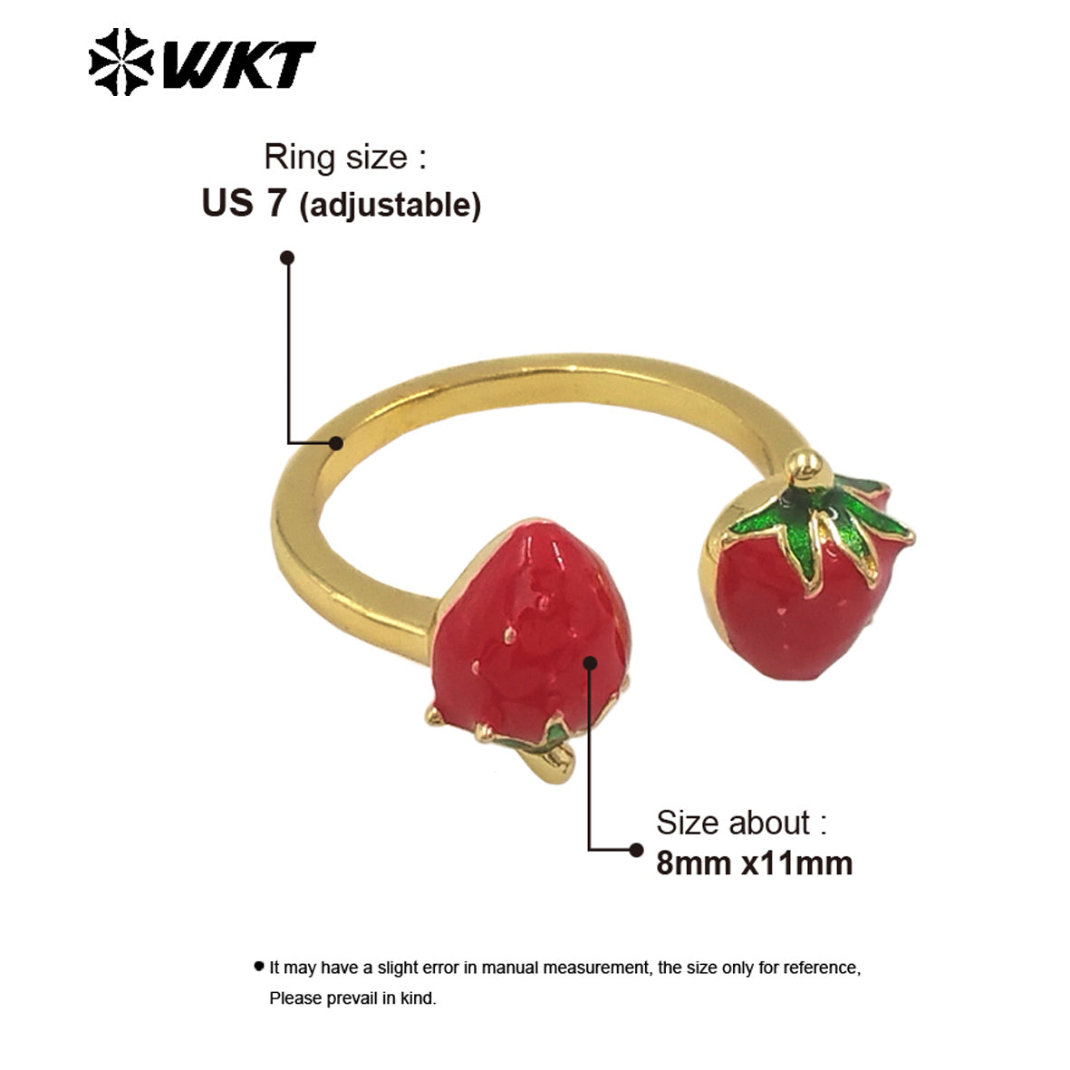 WT-RF009 Delicate Fruit Series Ring Yellow Brass With Drop Oil Double Strawberry Charms Adjustable Women Fashion Jewelry
