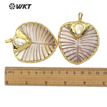 WT-JP100 Natural Color Leaf Shape and Grain Jewelry Necklace with 18K Gold Plated Edges and Pearl-embellished Shell Leaf Pendant