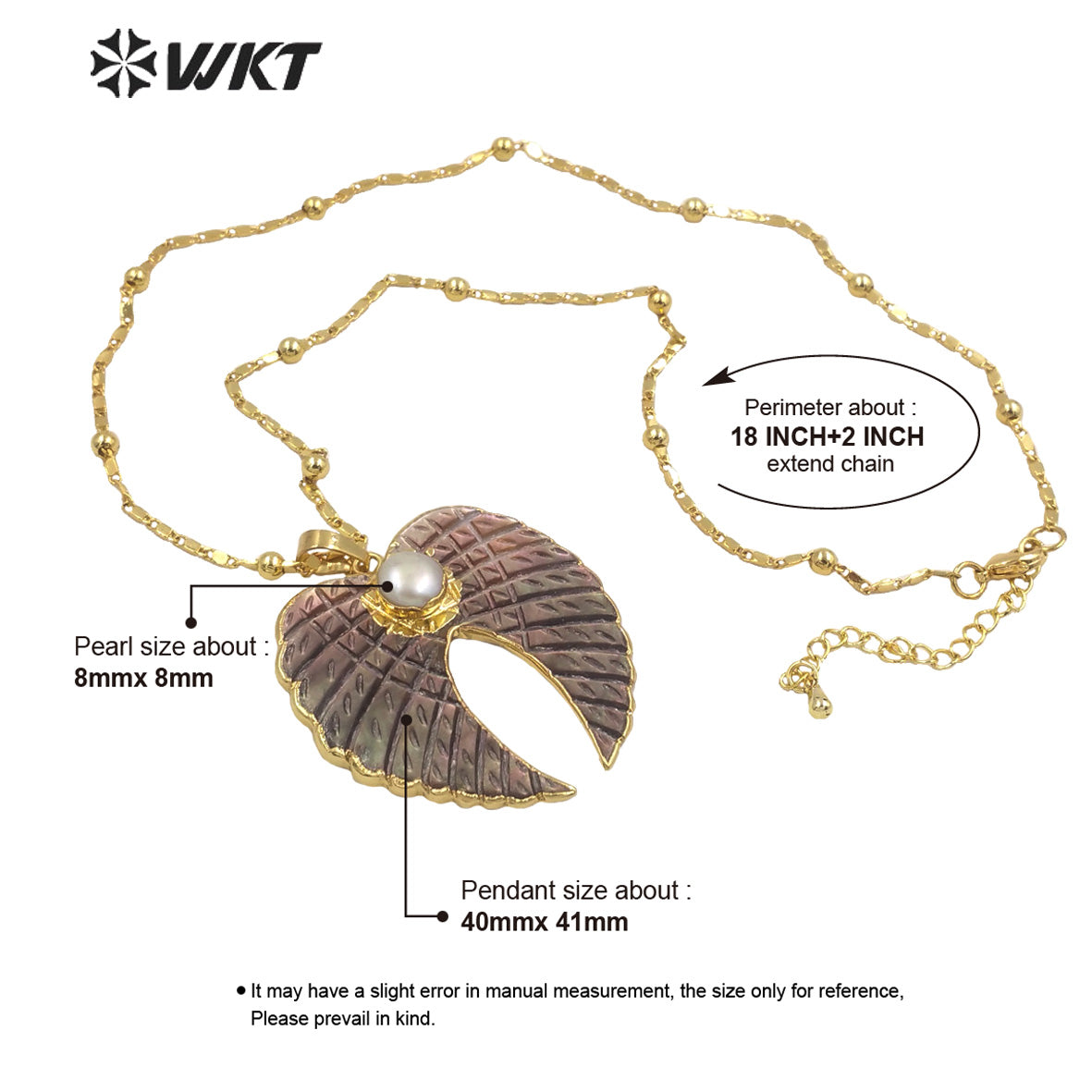 WT-JN167 Vintage Wing Shape Natural Shell Necklace Freshwater Pearl Angel Feather Pendant Jewelry Accessory Necklace