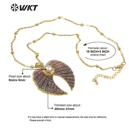 WT-JN167 Vintage Wing Shape Natural Shell Necklace Freshwater Pearl Angel Feather Pendant Jewelry Accessory Necklace