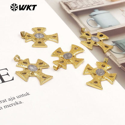 WT-MP331 Newest High Quality Gold Plated Yellow Brass Cross Shap Pendant For Women Religious Style Necklace DIY Making