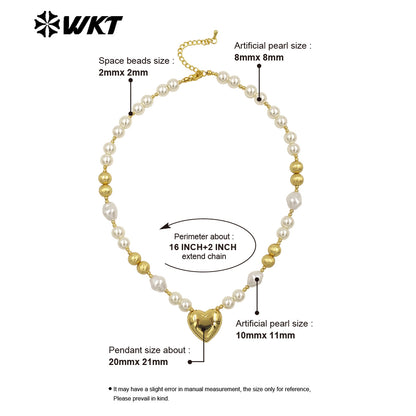 WT-JN286 New Product Lovely Natural Yellow Brass Artificial Pearl Love Shaped Necklace for Sweet Girls As Daily Matching Jewelry