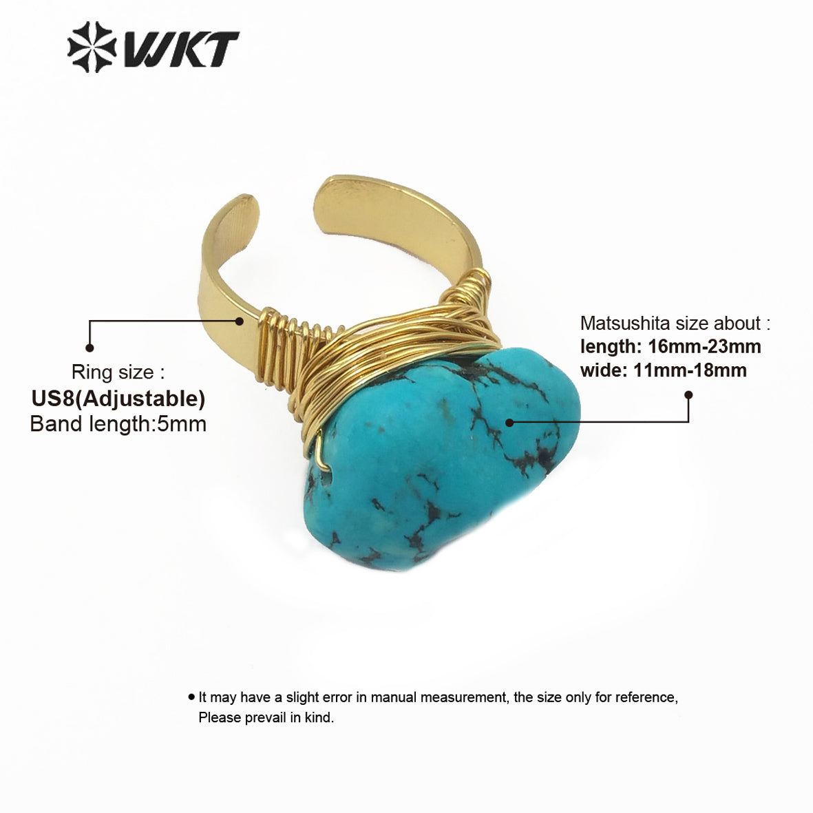 WT-R343 Wholesale Chunky Turquoise Ring Natural Turquoise Ring With Gold Electroplated Adjustable Size Women Elegant Charm Ring