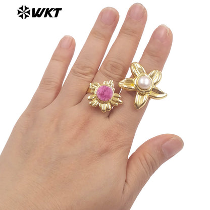 WT-MPR170 Popular Design 18K Gold Electroplated Natural Freshwater Pearl Flower Shape Ring Adjustable Size For Girls Jewelry