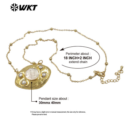 WT-JN391 High Quality Thin Bead Chain With Gold Electroplated Religious Patterns MOP Charms Necklaces For Lady Fashion Jewelry