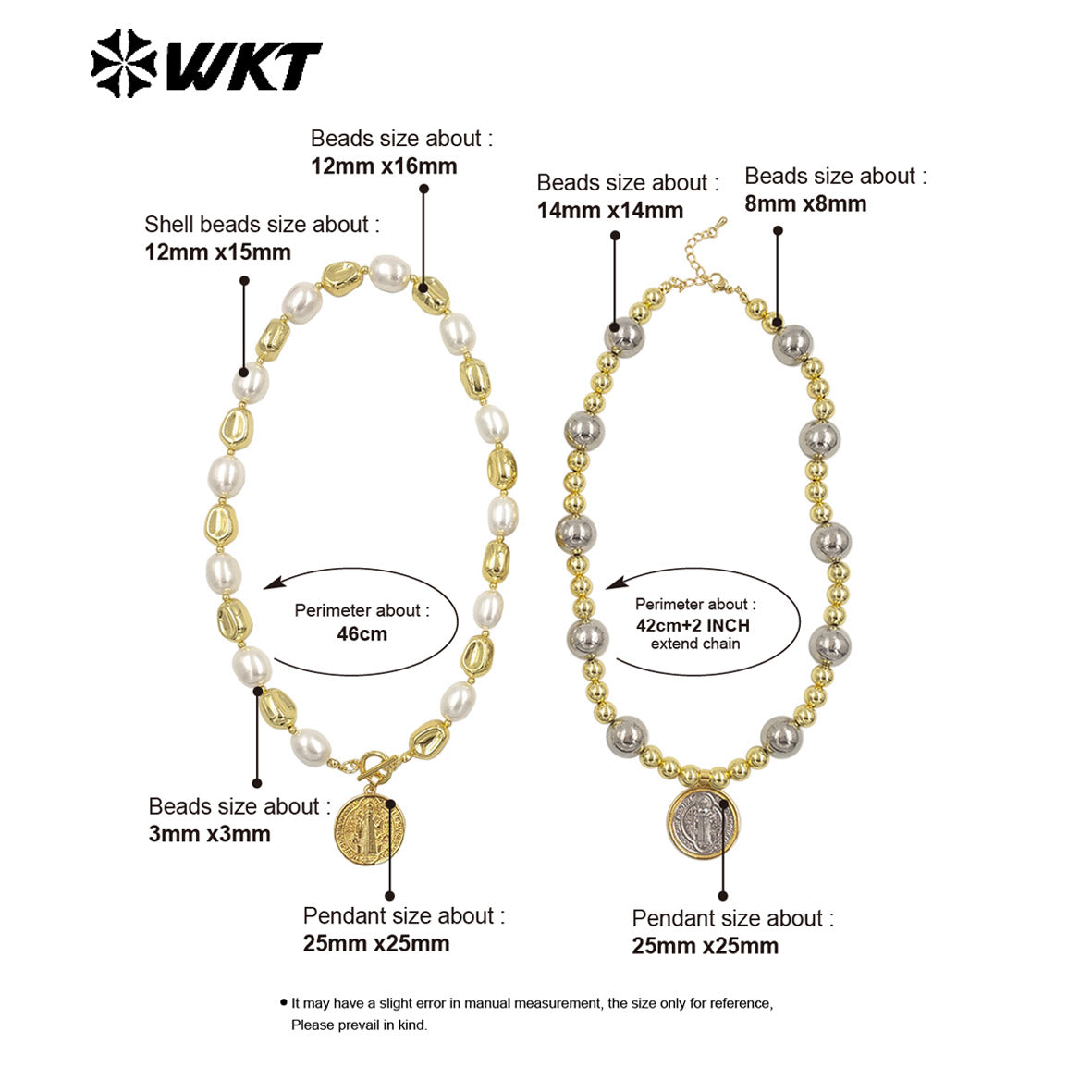 WT-JN303 Customize 18K Gold Plated and Silver Round Flat Pearl Beads Religious Shell Necklace Fashion Special Jewelry for Ladies