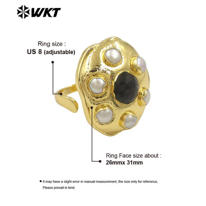 WT-MPR115 High Quality Unisex 18K Gold Plated Six Pearl and Natural Black Stone Round Shape Ring Exquisite Jewelry Accessories