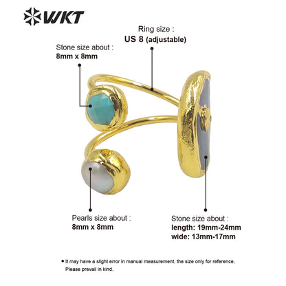 WT-R474 New Design Natural Turquoise & Pearl& Kyanite 18K Gold Plated Peacock Stone Ring Boho Charming Ring