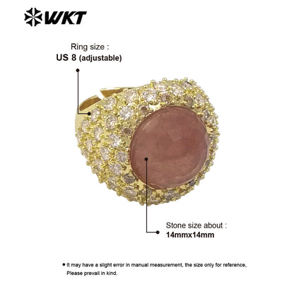WT-MR027 Bling Series Big Unisex Cocktail Gemstone Setting With 18K Real Gold Plated Round Stone Rings in Open Size