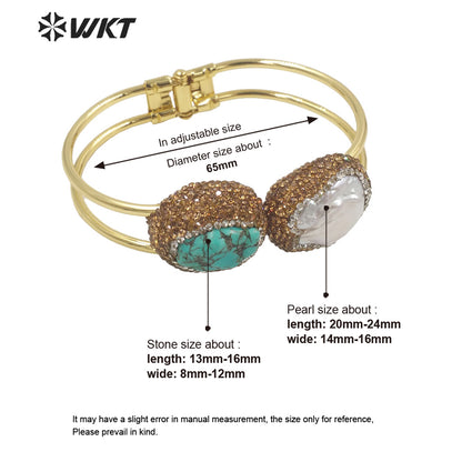 WT-MPB086 WKT 2023 New 18k Gold Plated Turquoise and Freshwater Pearl Cuff Bangle Boho Rhinestone Make Stone Bangle for Gift