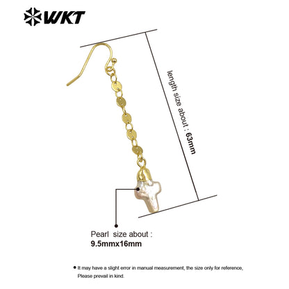 WT-MPE144 Small Religious 18K Gold Plated Natural Pearl Long Chain Cross Shaped Earrings Women's Delicate Jewelry Accessories