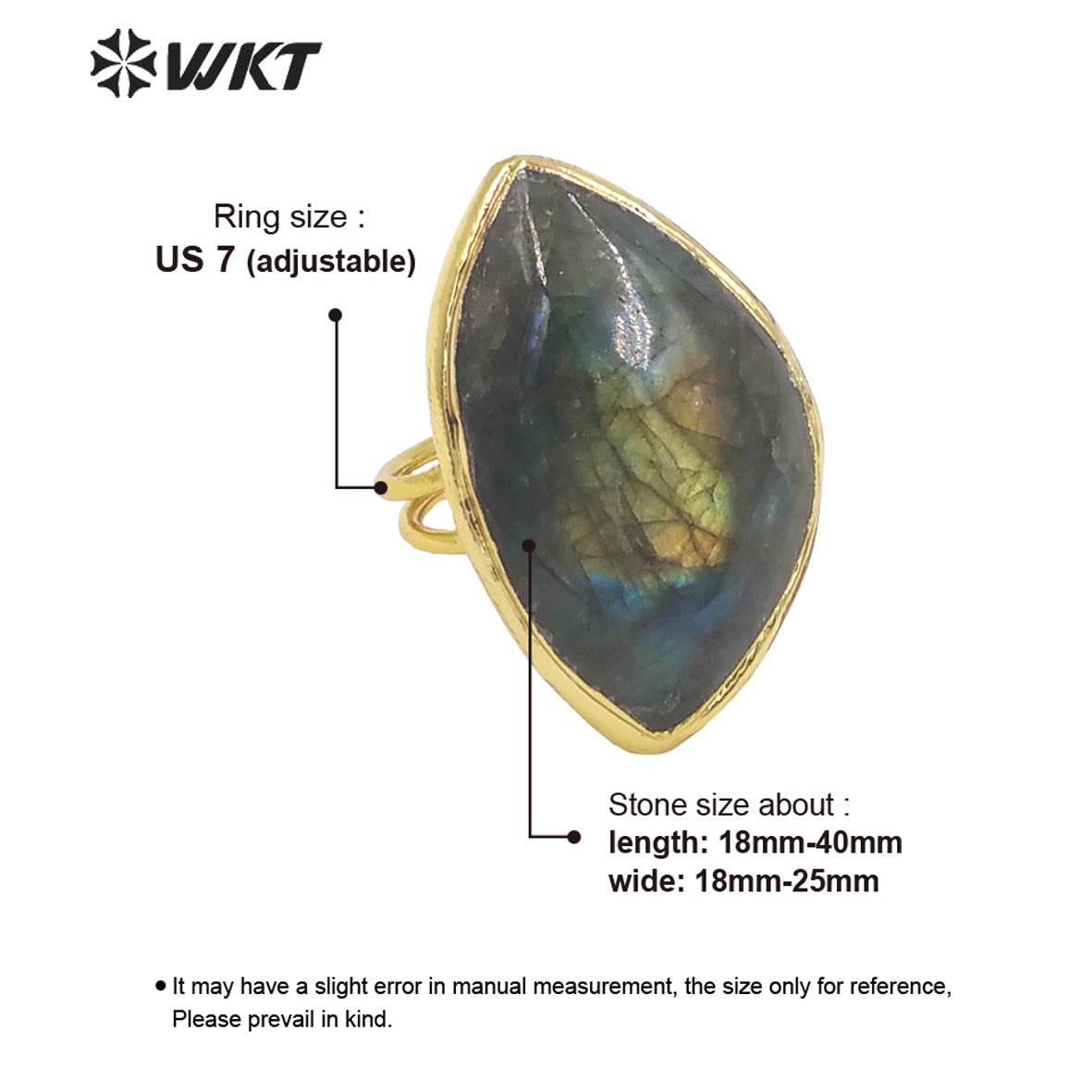WT-R386 WKT 2022 New Style Natural Labradorite Ring Oval Shape Waterdrop Shape Noble Ring Natural Gemstone Ring for Girls Gift