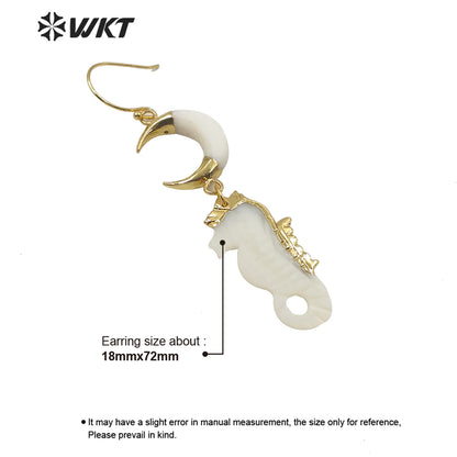 WT-E597 Newest Gold Electroplated Hippocampus Shell Earring Boho Vintage Lady Crescent Horn Shell Long Earrings