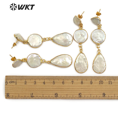 WT-E491 Three Pearls in Round Teardrop Shape Gold Earring Wedding Pearl Jewelry Gift for Her Natural Freshwater Pearl Earring