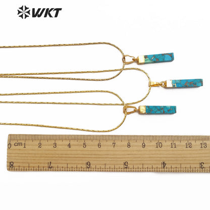 WT-N1164 Natural Blue Vein Turquoise Gold Electroplated Rectangle Shape Pendant Necklace Women Fashion Necklace Jewelry