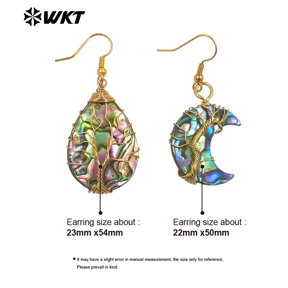 WT-MPE160 New Arrival Natural Abalone Shell Women Earrings in Water Drop Moon Shape Gold Plated Wrapping Wire Vintage Jewelry