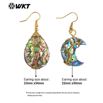 WT-MPE160 New Arrival Natural Abalone Shell Women Earrings in Water Drop Moon Shape Gold Plated Wrapping Wire Vintage Jewelry