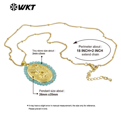 WT-MN990 Fashion Women 18K Real Gold Plated Oval Shape Crystal Wire Wrapped Guardian Angel Necklace for Christian