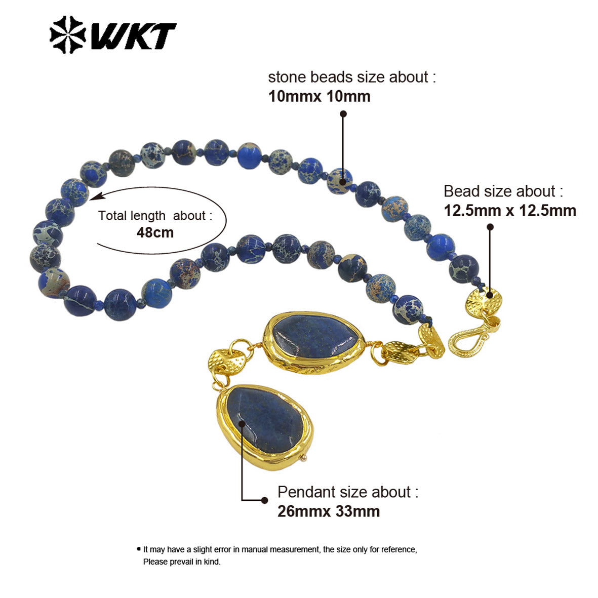WT-N1505 Popular Boutique Natural Ocean Jasper Stone Beads With Gold Plated Lapis Pendant Necklace As Women Anniversary Gift
