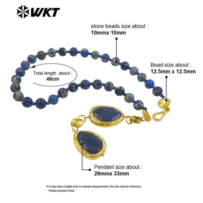 WT-N1505 Popular Boutique Natural Ocean Jasper Stone Beads With Gold Plated Lapis Pendant Necklace As Women Anniversary Gift