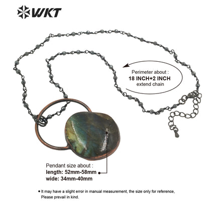 WT-N1334 WKT Vintage Shiny Antique Copper Water Drop Shape Natural Stone Labradorite with Copper Big Ring Jewelry Necklace