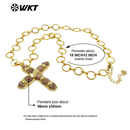 WT-N1491 Amazing High Quality Natural Gemstone Christian Necklace Cross Shape Gold Plated Circle Chain in Multi Colors