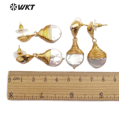WT-E545 Natural Freshwater Pearl Earring Brass Wire Wrapped Pearl Earring Teardrop Shape Earring for Wedding Jewelry