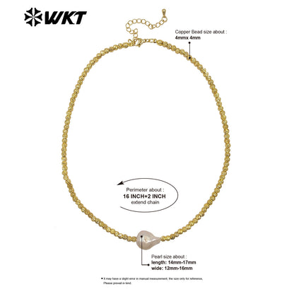 WT-JN333 Classic And Simple Design Gold Plated Beads With Single Baroque Pearl Necklace For Women Luxury Jewelry Gift