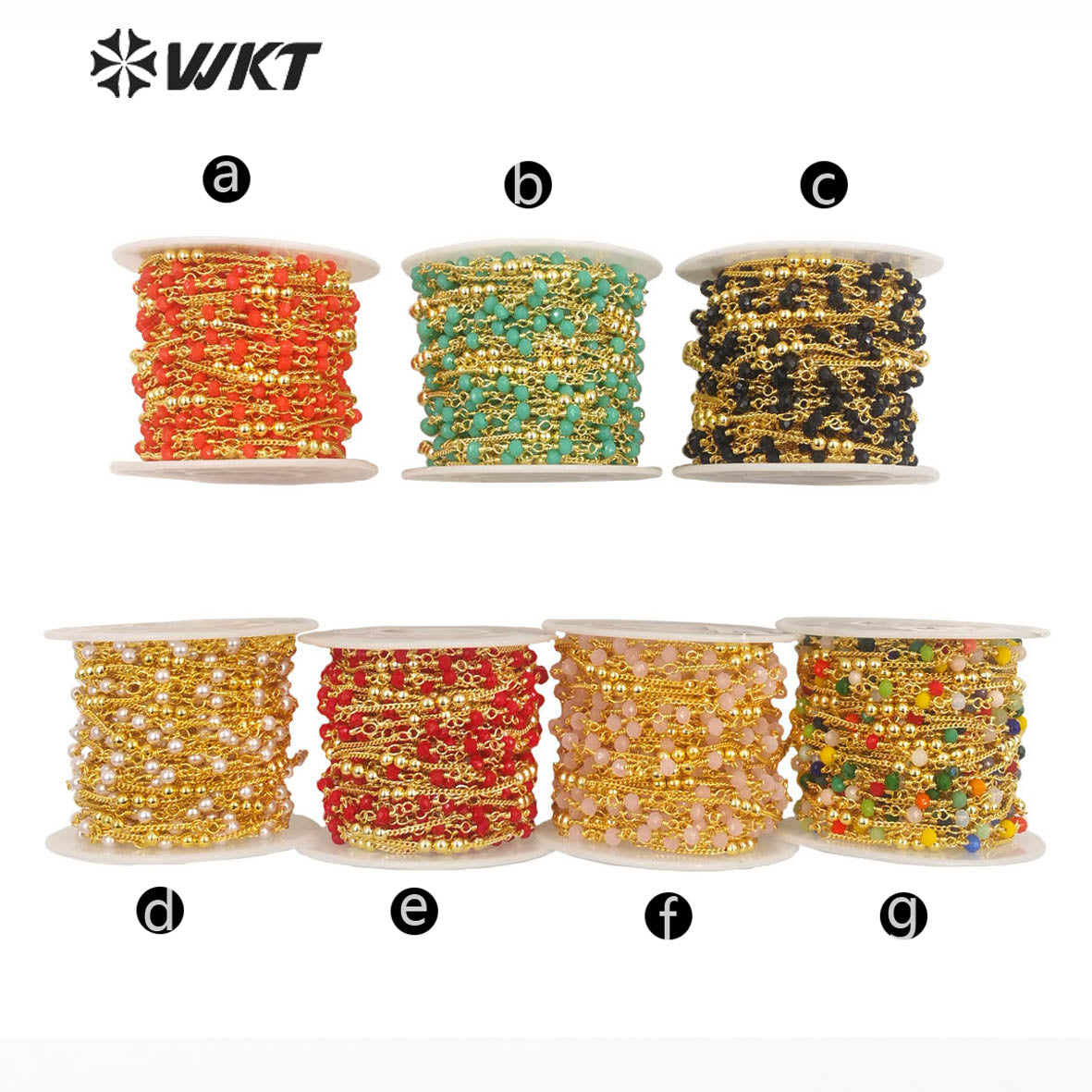WT-RBC200 Wholesale Fashion Gold Plated Orange Red Color Multi Beads Link Chain Sell by Meter Jewelry DIY Jewelry Necklace Chain
