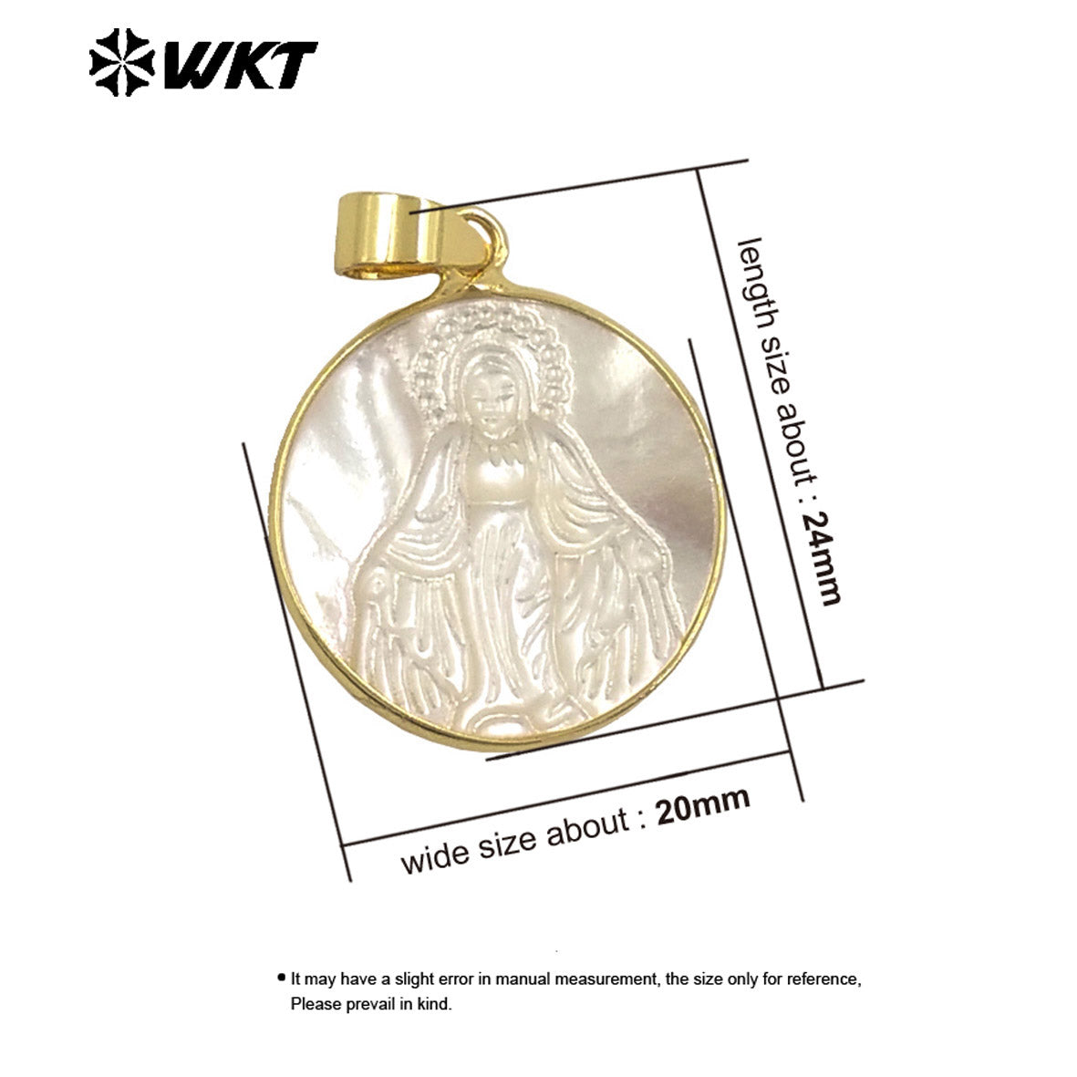 WT-JP042 New Arrival White Shell Virgin Mary Jesus Christ Pattern Round Metal Electroplated for Women Jewelry Shape Pendants