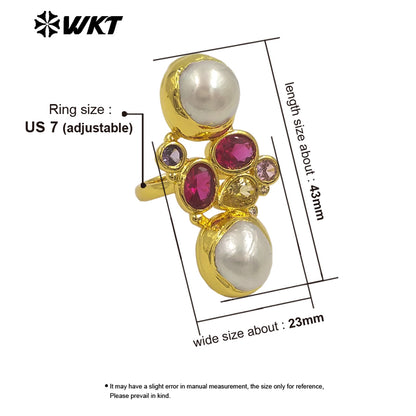 WT-MR042 Wholesale Amazing Pearl Ring With Cubic Zircon Adjustable Size Gold Plated Elegant Fashion Style Ladies Jewelry