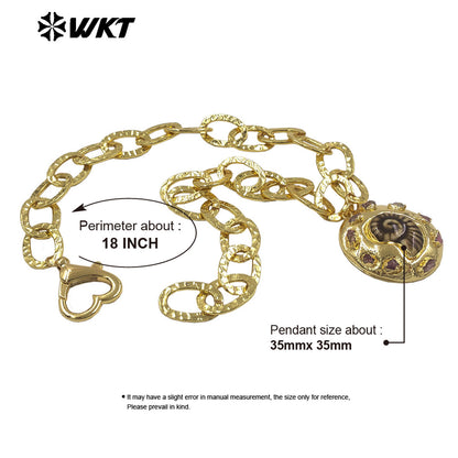 WT-JN373 Newest Simple Gold Plated Yellow Brass Thick Chain With Tourmaline And Ceramic Shell Shape Pendant Women Necklace