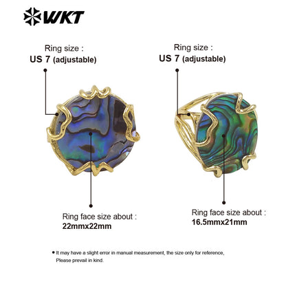 WT-MPR124 Women 18K Gold Plated Clawing Setting With Natural Round and Oval Abalone Shell Ring in Adjustable Size