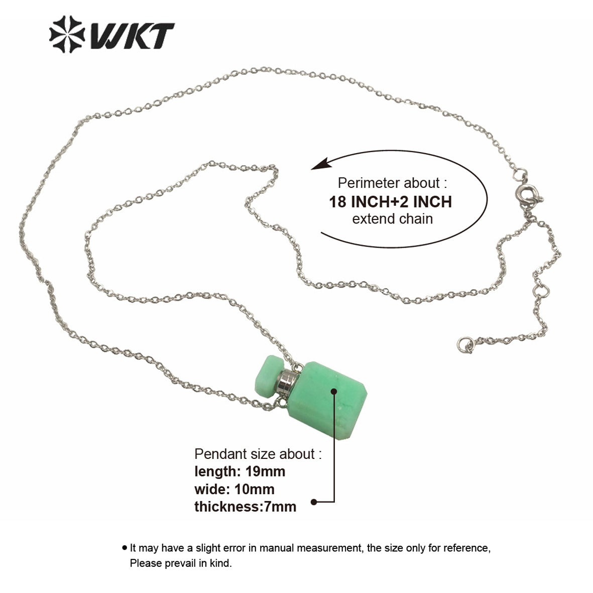 WT-N1240 WKT New Design Small Size Stainless Steel Chain Stone Bottle Necklace Mini square Steel France Perfume Bottle Necklace
